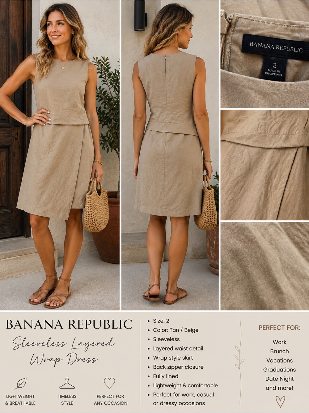 Banana Republic Khaki Sleeveless Beige A-Line Dress- Size 2